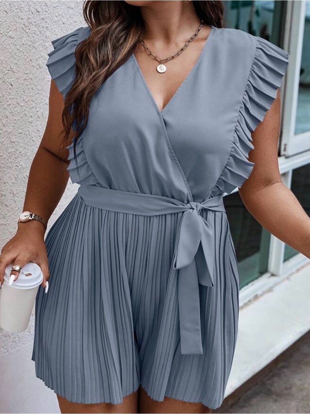 Plus size belted romper pleated hem with belt